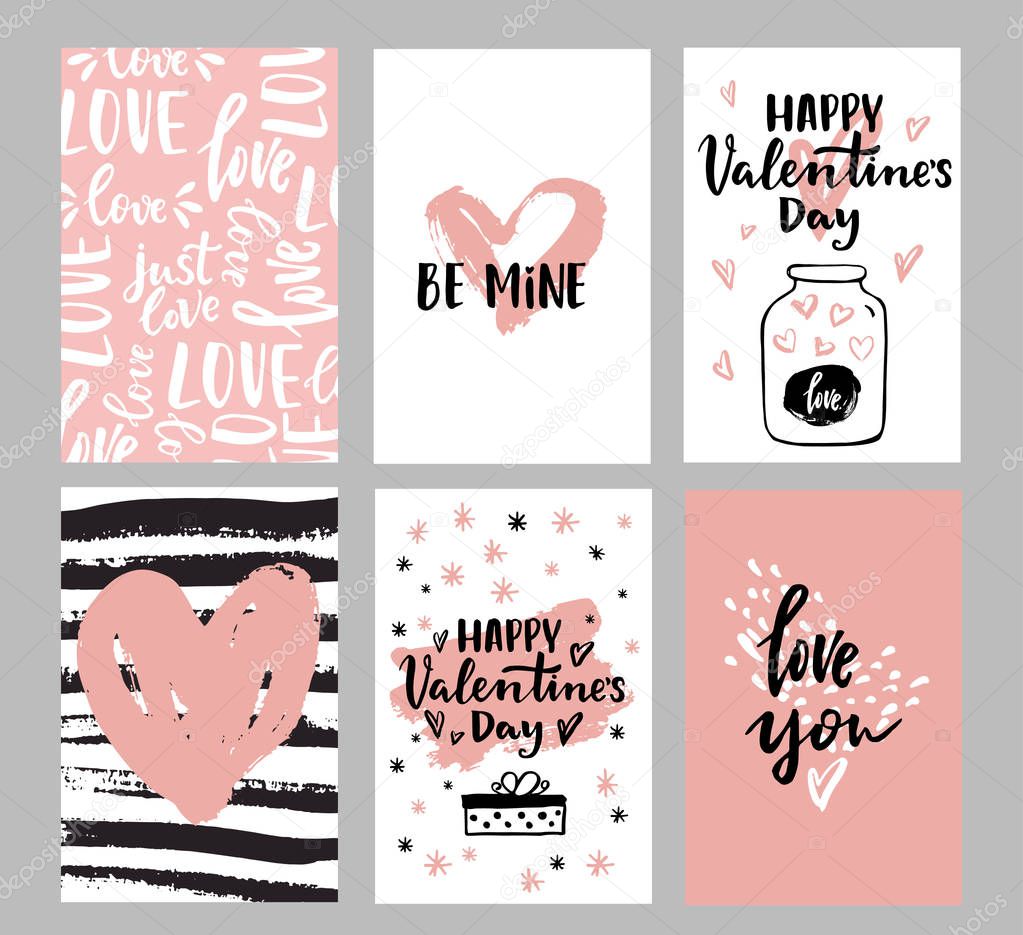 Set of Valentines day greeting cards with hand written greeting lettering and decorative textured brush strokes on background. Happy Valentines day, Love you words, love in a jar concept