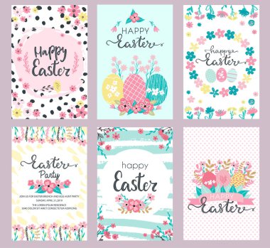 Paskalya tebrik kartları ve Paskalya Yumurtası Avı partisi tasarımları. Çiçekler, çiçekler, el boyaması dokular ve tavşancıklar.