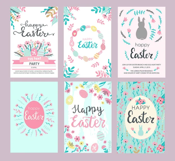 Set of Easter greeting cards and invitation for Easter egg hunt party designs in cute hand drawn style with florals, flowers, hand painted textures and bunny rabbits — Stock Photo, Image