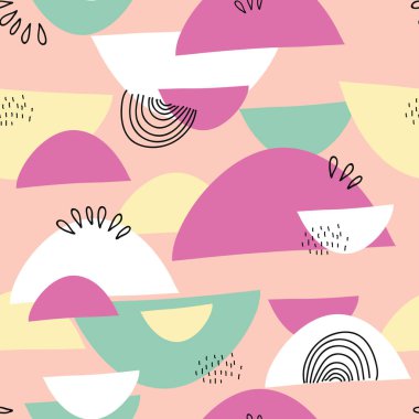 Noktalı, çiçekli, yuvarlak, açılı ve geometrik elementli soyut şekiller kusursuz kolaj deseni oluşturur. Web, bayraklar, kartlar, kumaş, tekstil ve yüzey tasarımı için tablolu modern duvar kağıdı arka planı