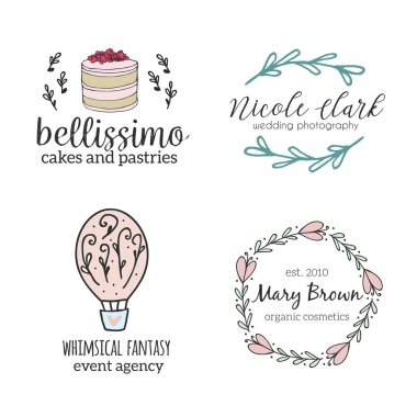Set of hand drawn cute, stylish and simple premade logo designs for business and stationery. Collection of vector icons and illustrations for cafe,bakery.event agency, photography and more clipart