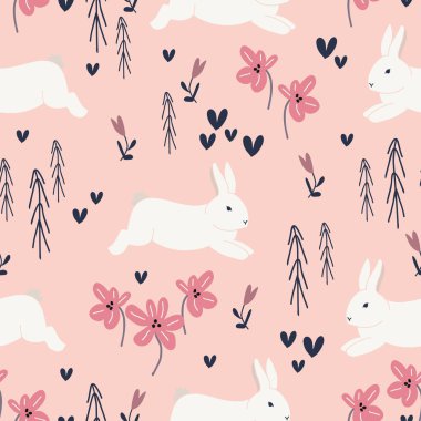 Şirin tavşanlar ve çiçekler pürüzsüz desenli. Bahar ve Paskalya temalı kreş, bebek ve çocuk ürünleri, kumaş, kırtasiye, tekstil