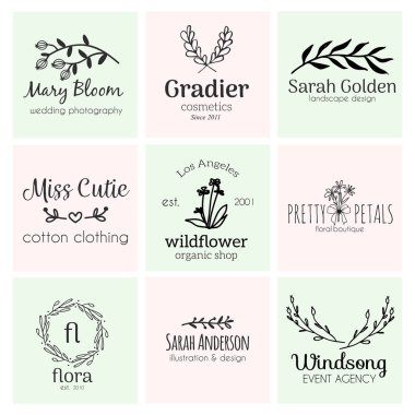 Set of hand drawn cute, stlish and simple premade logo designs for business and stationery. Collection of vector icons and illustrations clipart