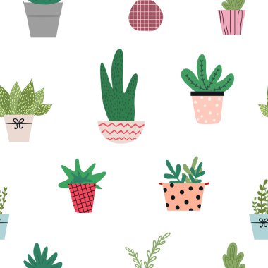 Sevimli el çizimi vektör bahçe aletleri ve ekipmanlarıyla kusursuz desen, saksılar