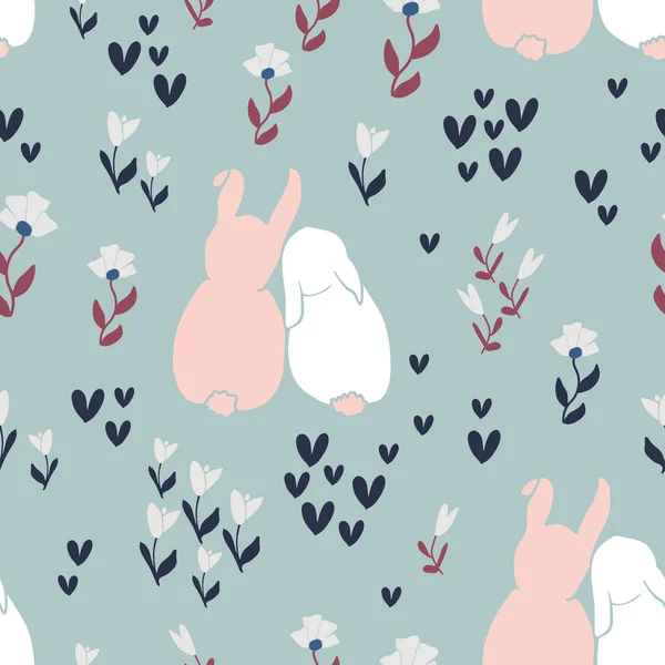 Şirin tavşanlar ve çiçekler pürüzsüz desenli. Bahar ve Paskalya temalı kreş, bebek ve çocuk ürünleri, kumaş, kırtasiye, tekstil — Stok Vektör