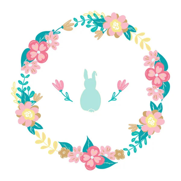 Söt romantisk blomma krans med ros och gula blommor och bedårande blombuketter och kanin kanin silhuett för påskkort, inbjudningar, banderoller dekoration — Stock vektor
