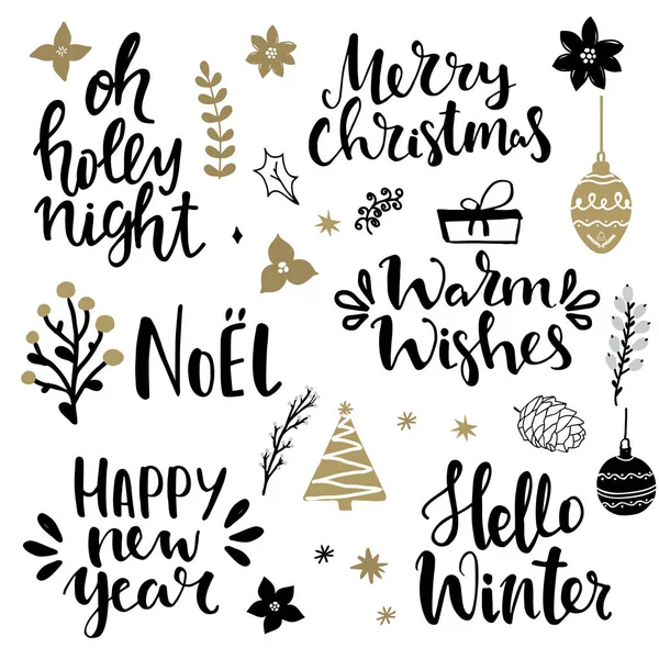 Conjunto de elementos de diseño de christmas y cartas manuscritas sobre los christmas y las vacaciones de invierno. Feliz navidad christmas, noel, hola invierno, deseos calientes, feliz nuevo año escrito frases de presentación de cartas. — Vector de stock