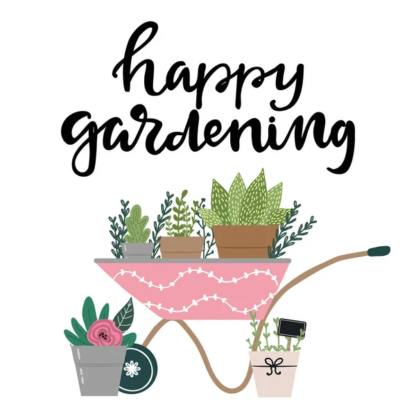 Boldog kertészeti kézzel rajzolt betű és kerti talicska virágokkal, levelekkel és növényekkel cserépben — Stock Vector