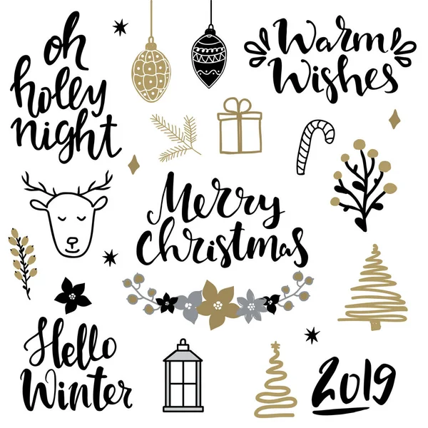 Conjunto de elementos de diseño navideño y letras escritas a mano sobre Navidad y vacaciones de invierno. Noche de acebo, feliz Navidad, cálidos deseos, hola invierno, 2019 frases de letras escritas a mano — Vector de stock