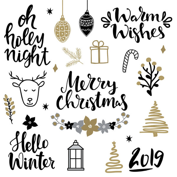 Set of christmas design elements and hand written lettering about christmas and winter holidays. Holly night, merry christmas, warm wishes, hello winter, 2019 hand written lettring phrases
