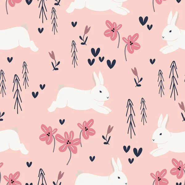 Cute rabbits and flowers seamless pattern. Spring and easter theme seamless background for nursery, baby and kids products, fabric, stationery, textile — Stock Vector