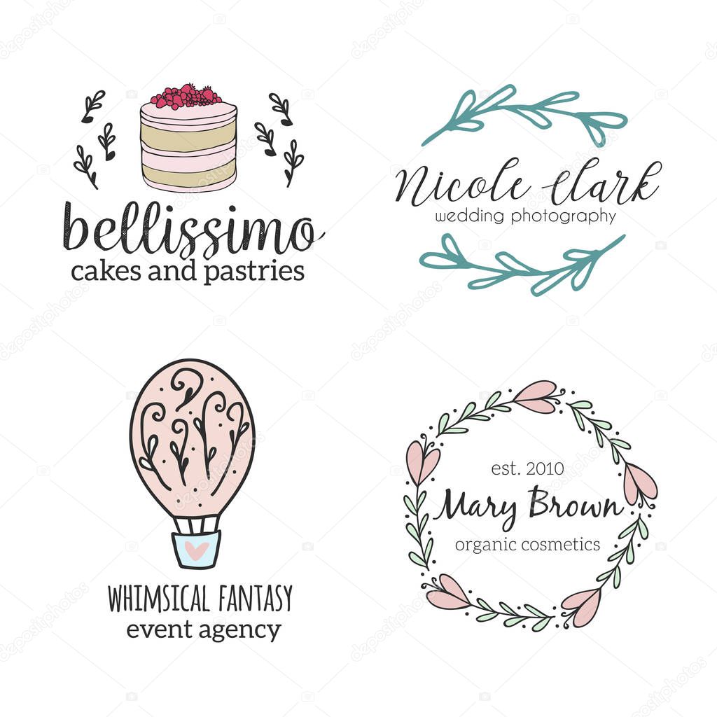 Set of hand drawn cute, stylish and simple premade logo designs for business and stationery. Collection of vector icons and illustrations for cafe,bakery.event agency, photography and more