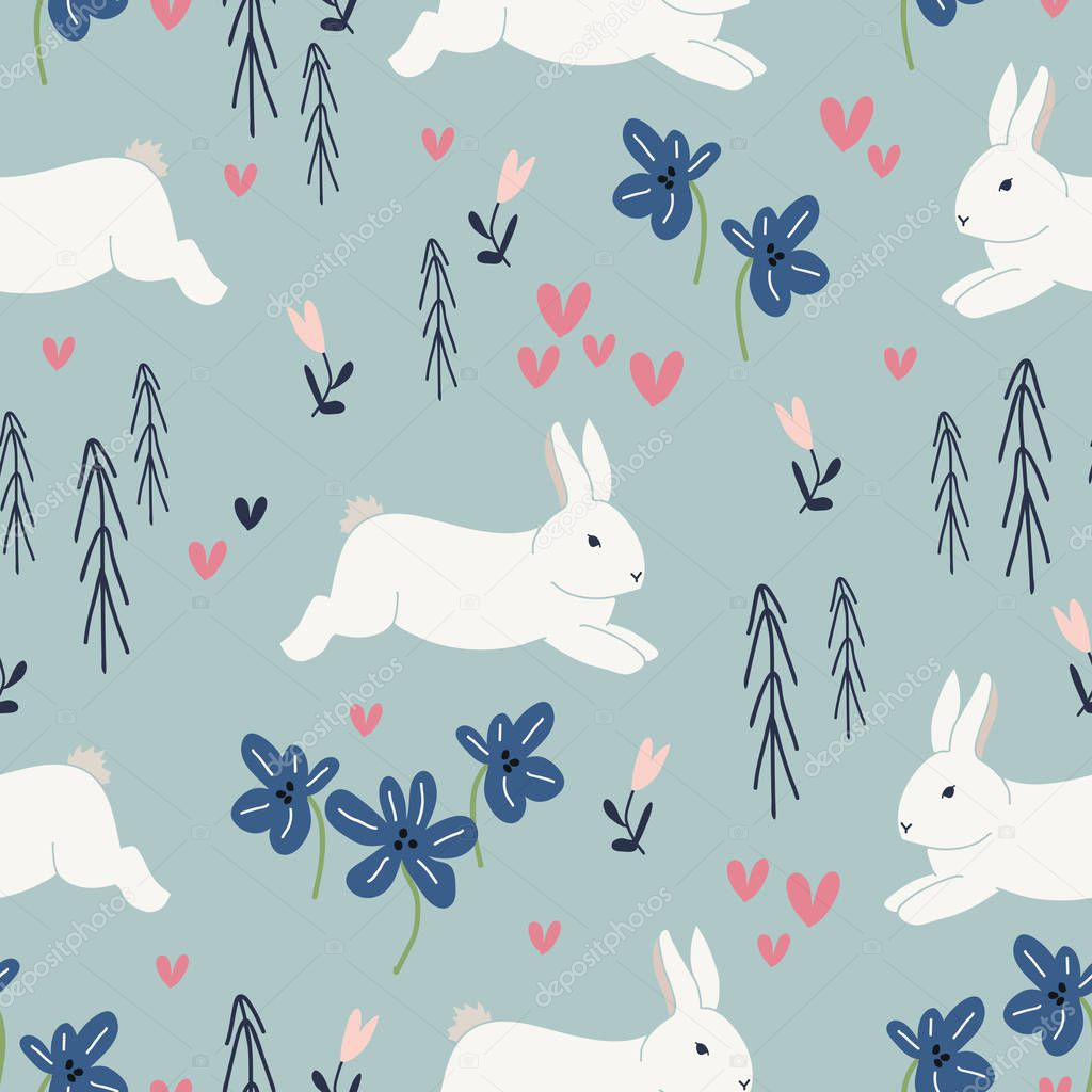 Cute rabbits and flowers seamless pattern. Spring and easter theme seamless background for nursery, baby and kids products, fabric, stationery, textile