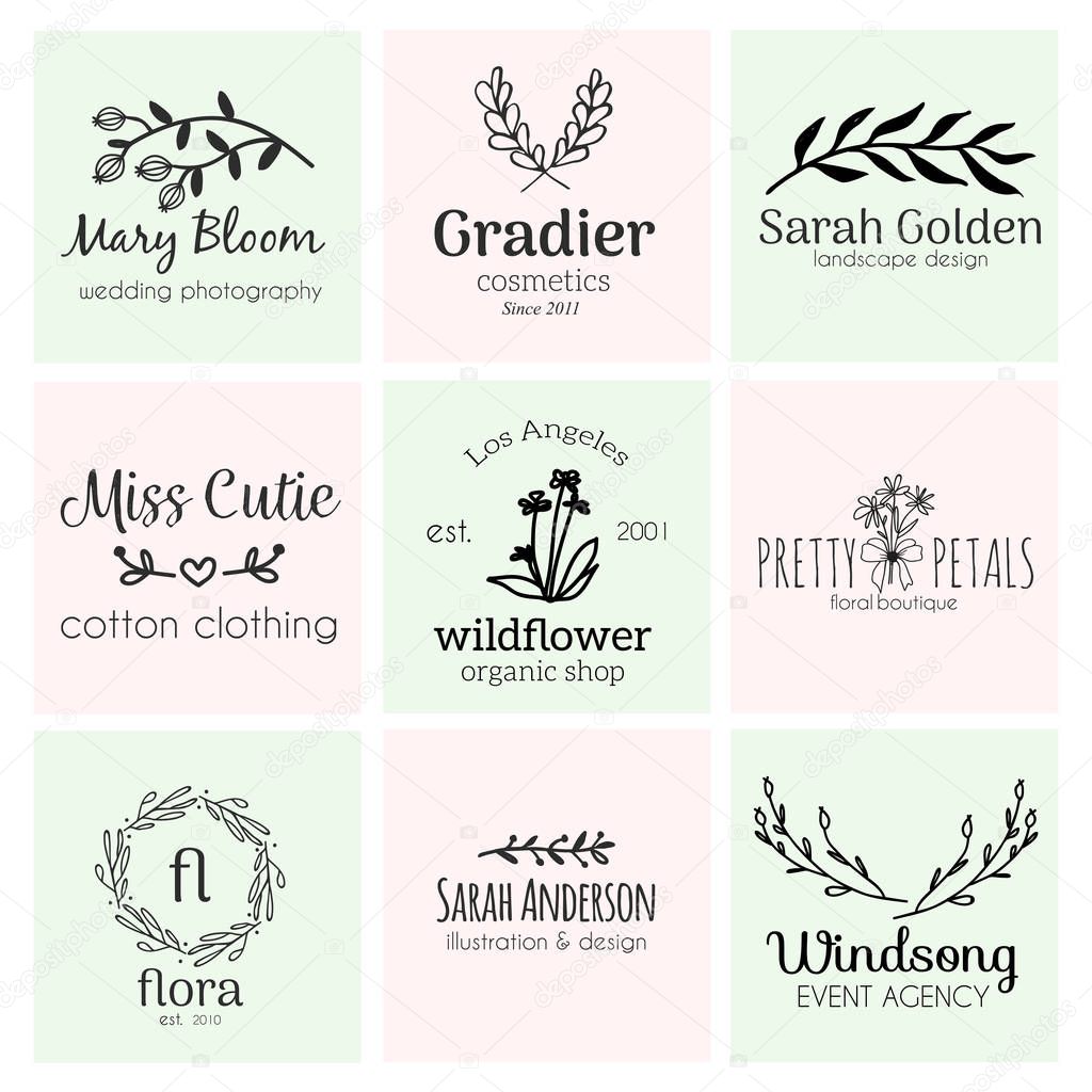 Set of hand drawn cute, stlish and simple premade logo designs for business and stationery. Collection of vector icons and illustrations