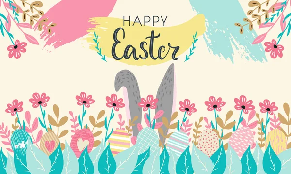 Mutlu Paskalya elleri harflerle yazılmış harfler ve çiçekli, yumurtalı, yapraklı ve arka planda çizilmiş el dokuları olan sevimli sevimli bir afiş.