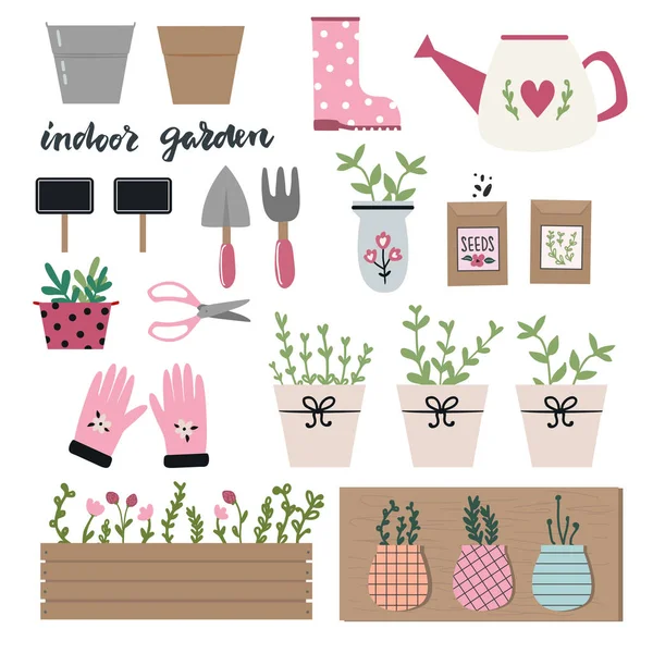 Ev içi bahçe işleri için el yapımı aletlerin ve ekipmanların toplanması. Bahçe elementleri: tohumlar, maça, sulama kutusu, bahçe eldivenleri, saksılar, çimenler ve yapraklar. Bahar zamanı vektör çizimi