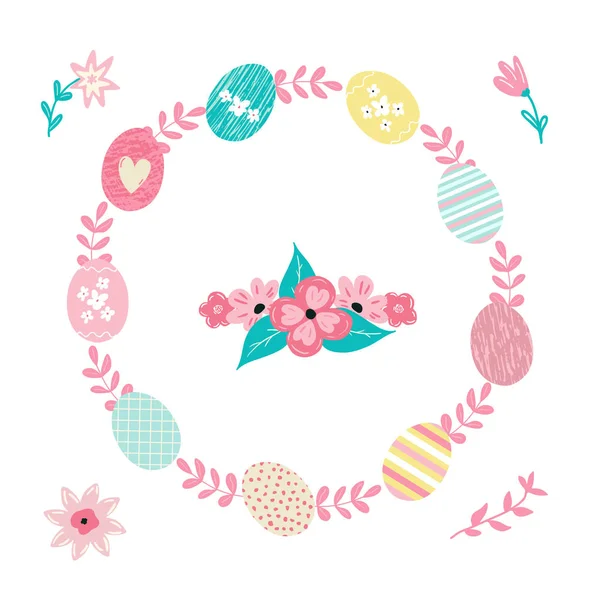 Easter wreath with florals and easter eggs and cute flowers — Stock Vector