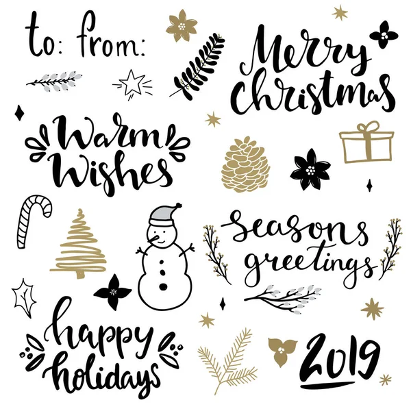 Colección de elementos de diseño de las navidades y cartas manuscritas sobre las navidades y las vacaciones de invierno. frases escritas a mano — Vector de stock