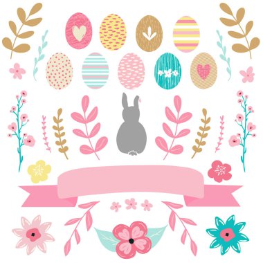 Paskalya kartları, afişler, afişler, posterler için çiçek, yumurta ve dekoratif öğeler.