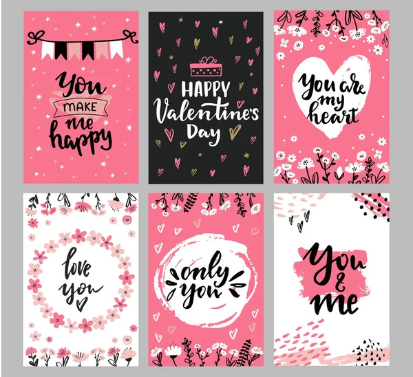 Collection de cartes de souhaits de jour Valentines avec des mots et des phrases d'amour écrits à la main. Love you, You and me, only you, Happy Valentines jour lettering and decorative flowers and brush strokes — Image vectorielle