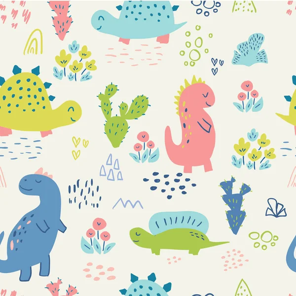 Seamless pattern with cute hand drawn dinosaurs for baby and kids fabric, textiles, wallpapers and products — Stock Vector