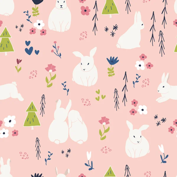 Cute rabbits and flowers seamless pattern. Spring and easter theme seamless background for nursery, baby and kids products, fabric, stationery, textile — Stock Vector