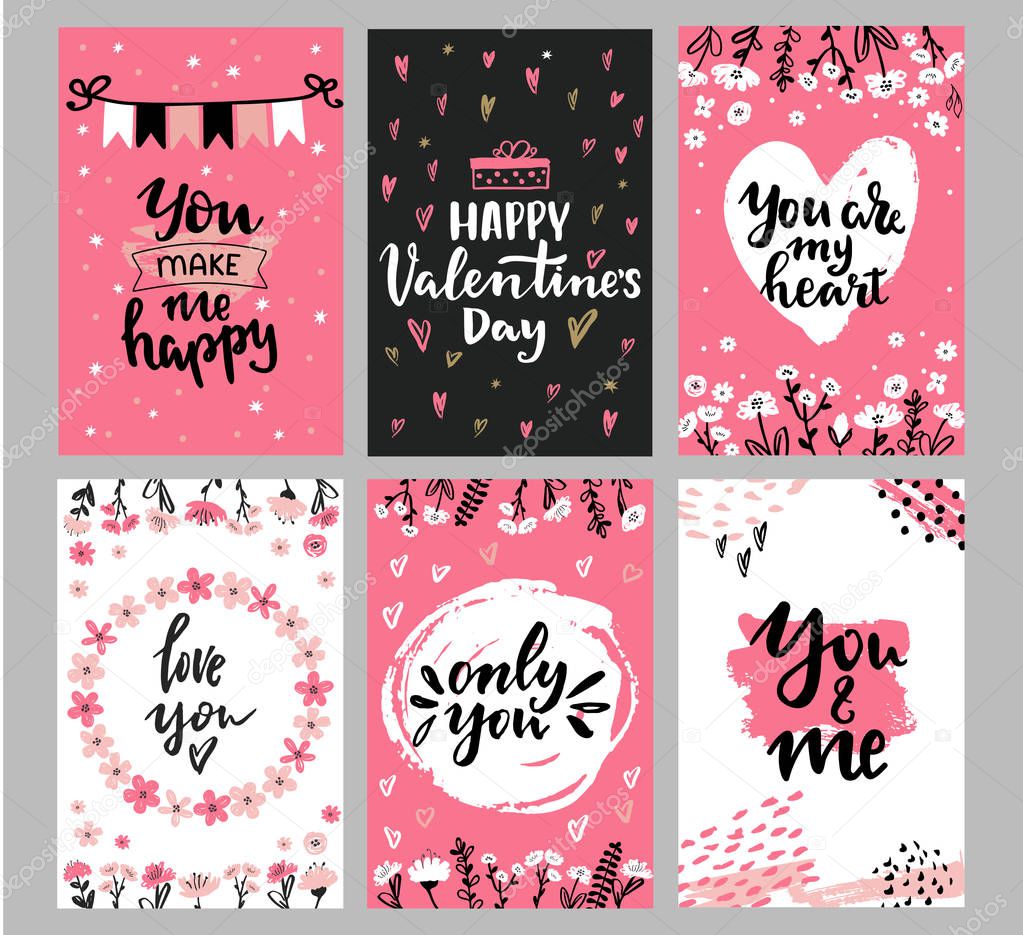 Collection of Valentines day greeting cards with hand written love words and phrases. Love you, You and me, only you, Happy Valentines day lettering and decorative flowers and brush strokes