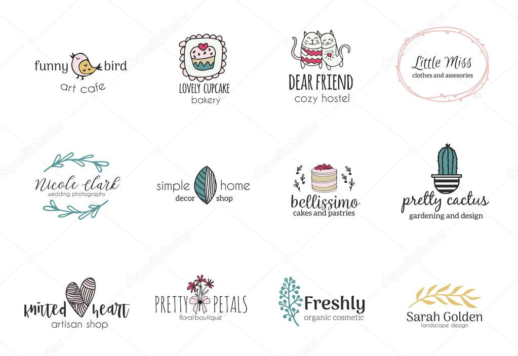 Set of hand drawn cute, stylish and simple premade logo designs for business and stationery. Collection of vector icons and illustrations