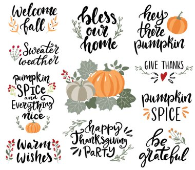 Kart, pankart, poster tasarımı için el yazısı, sonbahar ve Şükran Günü alıntıları ve eczaneleri..