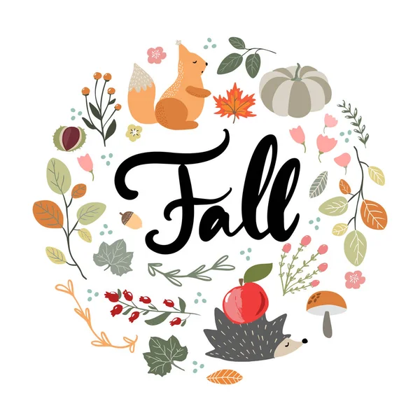 Letras de otoño y elementos de otoño dibujados a mano, ramas florales y de árboles, erizos y ardillas, flores y calabazas — Archivo Imágenes Vectoriales