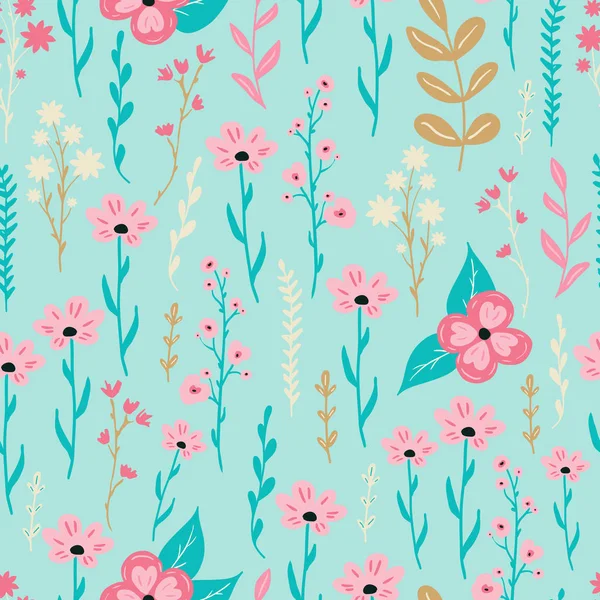 Niedliches, von Hand gezeichnetes, nahtloses Muster mit schönen rosafarbenen Blüten. Floral Fliesen Hintergrund für Stoff, Tapete, Kettpapier-Design — Stockvektor