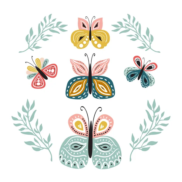 Χέρι που χαριτωμένο και πολύχρωμο διανυσματική απεικόνιση με πεταλούδες, φύλλα και λουλούδια. Γλυκό παιδικό και παιδικό κοριτσίστικο σχέδιο για t-shirts, χαρτικά και προϊόντα απομίμησης — Διανυσματικό Αρχείο