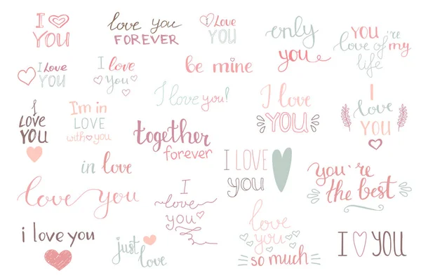 Set of cute hand written lettering quotes and phrases about love and relationship in pastel colors.Calligraphy poster, greeting card typography design elements. — Stock Vector