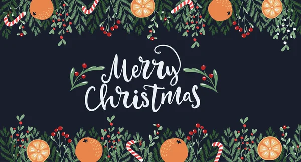 Horizontal Merry Christmas Cover Banner mit handgezeichneten Blumenzweigen und Beeren und Orangenfrüchten und Scheiben. — Stockfoto