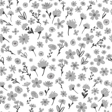 Kusursuz desenli, elle çizilmiş siyah beyaz çiçekler. Kumaş, duvar kağıdı, markalaşma, tekstil tasarımı için zarif döşeme dokusu