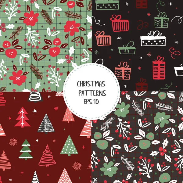 Traditional Christmas and New Year patterns set in green, red and white colours with florals, berries, holly, mistletoe, christmas trees and flowers in doodle style. — Stock Vector