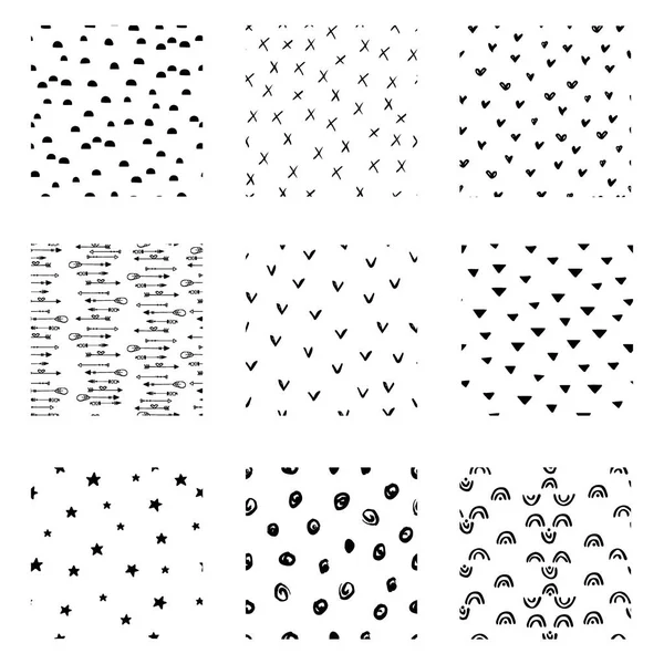 Set of hand drawn black and white seamless patterns. Texturas escalonadas a mano — Archivo Imágenes Vectoriales