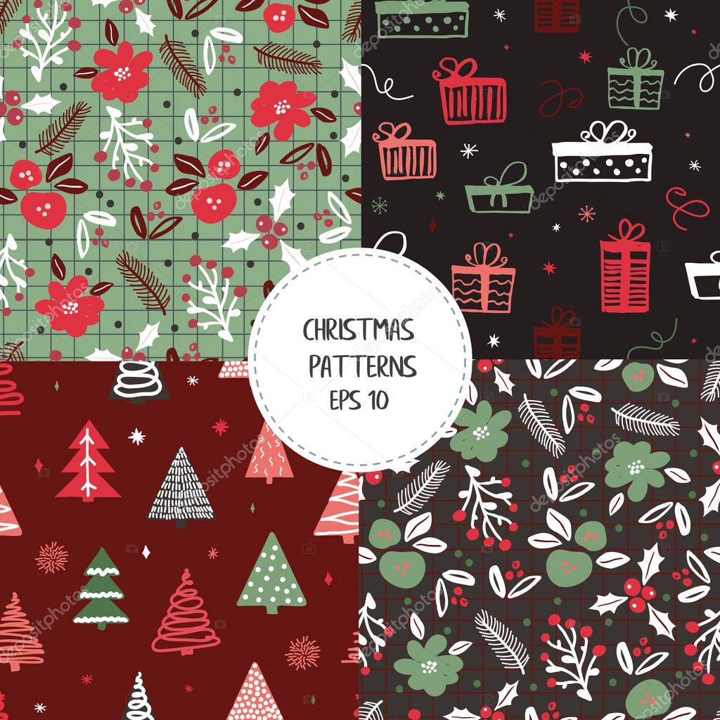 Traditional Christmas and New Year patterns set in green, red and white colours with florals, berries, holly, mistletoe, christmas trees and flowers in doodle style.