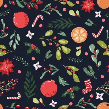 Geleneksel renklerde ve el çizimi resimli mutlu noeller. Poinsettia çiçekleri, çiçek ve köknar dalları ambalaj kağıdı, kumaş, noel süslemesi için arka planda tekrarlanır