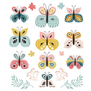 Çok güzel el çizimi kelebeklerle ayarlanmış. Çocuklar ve kadınlar için vektör illüstrasyon ürün tasarımı, kumaş, kırtasiye, tekstil, giysi. Eğlenceli ve renkli vektör baskısı