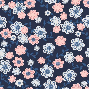 Bahar ve yaz ürünleri, kumaş, ambalaj, giysi, bebek ve kreş için dandik modern el çizimleriyle kusursuz çiçek deseni, çocuk tasarımları.