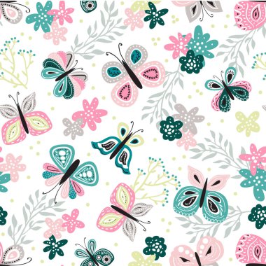 Kusursuz desenli, güzel el çizimi kelebek. Çocuklar ve kadınlar için masa arkası ürün tasarımı, kumaş, kırtasiye, tekstil, giysi. Eğlenceli ve renkli vektör çizimi