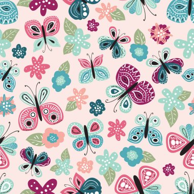 Kusursuz desenli, güzel el çizimi kelebek. Çocuklar ve kadınlar için masa arkası ürün tasarımı, kumaş, kırtasiye, tekstil, giysi. Eğlenceli ve renkli vektör çizimi