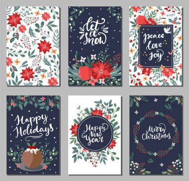 Geleneksel renklerde el yazısı, dikey afişler, el ilanları, davetiyeler. Mutlu tatiller ve yeni yıl kartları Noel çiçekleri ve kış mevsimi nesneleri
