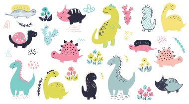 Bir dizi sevimli el çizimi dinozor karakterleri, çiçekler ve kaktüsler. Çocuk resimleri