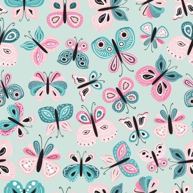 Kusursuz desenli, güzel el çizimi kelebek. Çocuklar ve kadınlar için masa arkası ürün tasarımı, kumaş, kırtasiye, tekstil, giysi. Eğlenceli ve renkli vektör çizimi