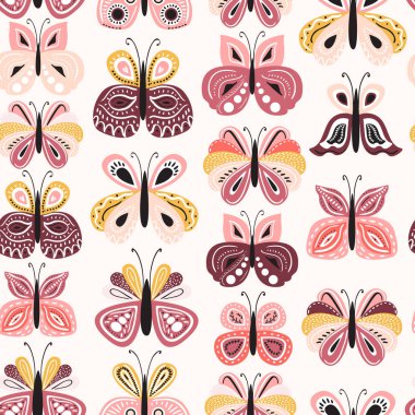 Kusursuz desenli, güzel el çizimi kelebek. Çocuklar ve kadınlar için masa arkası ürün tasarımı, kumaş, kırtasiye, tekstil, giysi. Eğlenceli ve renkli vektör çizimi