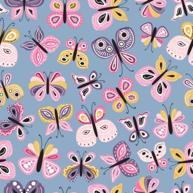 Kusursuz desenli, güzel el çizimi kelebek. Çocuklar ve kadınlar için masa arkası ürün tasarımı, kumaş, kırtasiye, tekstil, giysi. Eğlenceli ve renkli vektör çizimi