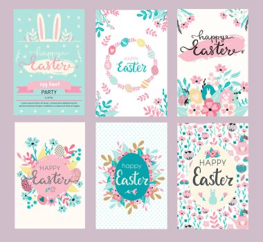 Paskalya tebrik kartları ve Paskalya Yumurtası Avı partisi tasarımları. Çiçekler, çiçekler, el boyaması dokular ve tavşancıklar.