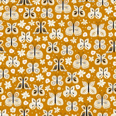 Kusursuz desenli, güzel el çizimi kelebek. Çocuklar ve kadınlar için masa arkası ürün tasarımı, kumaş, kırtasiye, tekstil, giysi. Eğlenceli ve renkli vektör çizimi